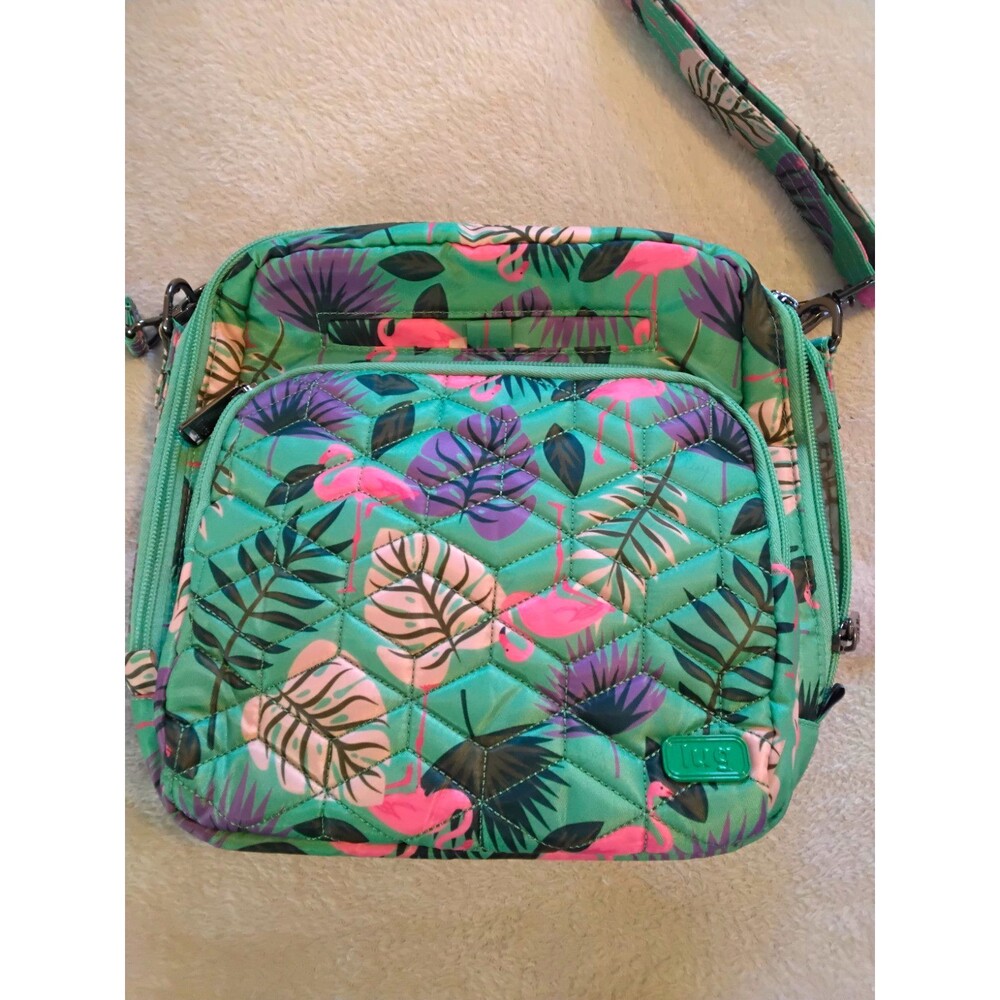Lug Tropical Flamingo Mint Quilted Crossbody Bag Green Pink Purple Zip Pockets
